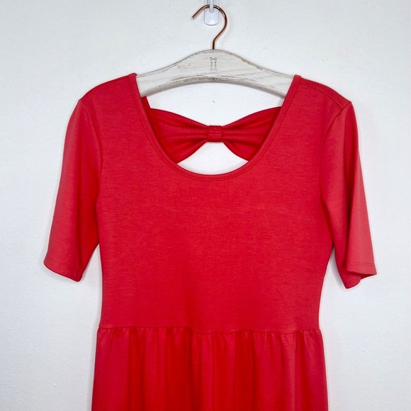 Garnet Hill Womens Knit Dress Size Small Coral Short Sleeve Bow Open Back Casual - Picture 3 of 8